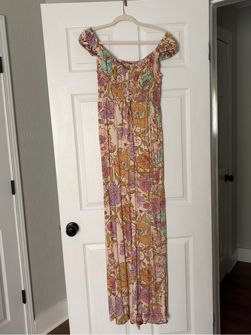 Free People Floral Off-Shoulder Jumpsuit in Pink, Lavender, Mint, Mustard